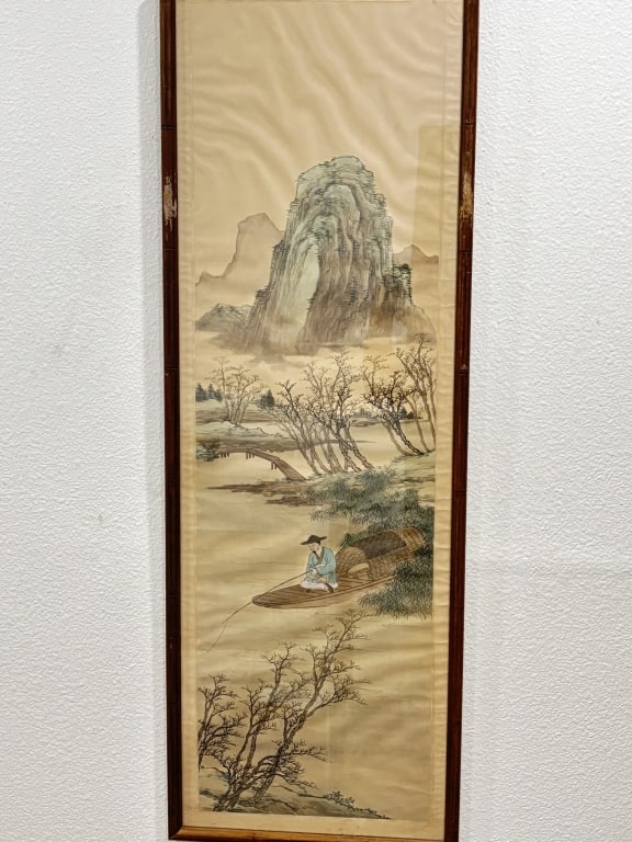 Vintage Chinese Watercolor Landscape Painting: Vintage Chinese Watercolor Landscape Painting, 42.5in by 14.75in