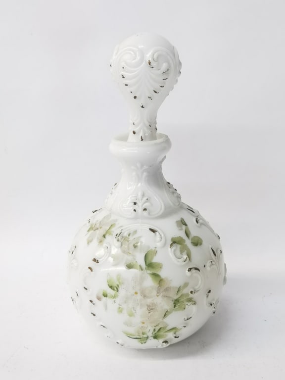 Antique Green Floral Satin Glass Vanity Bottle: Antique Green Floral Satin Glass Vanity Bottle, 10in