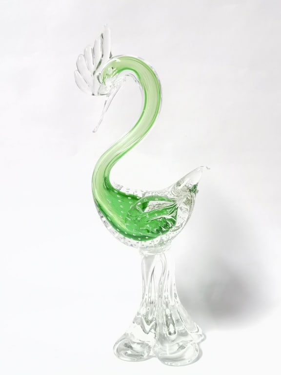 Large Murano Italy Green Controlled Bubble Glass B: Large Murano Italy Green Controlled Bubble Glass Bird, 16in