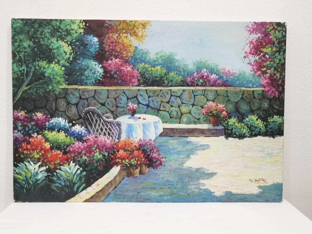 Signed P. Taylor Courtyard Oil Painting (1 of 5)