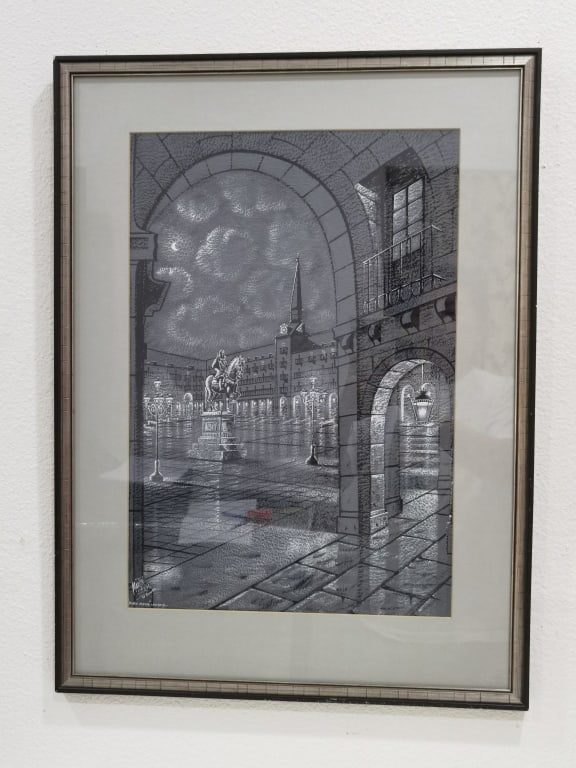 1979 Martin Hidalgo Plaza Mayor Madrid Watercolor: 1979 Martin Hidalgo Plaza Mayor Madrid Watercolor, 26in by 19in