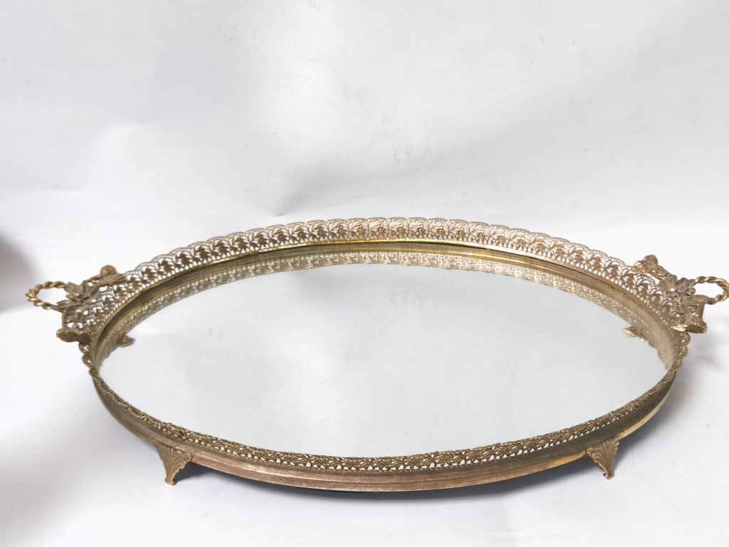 Vintage Ornate Brass Filigree Mirrored Vanity Tray (1 of 5)