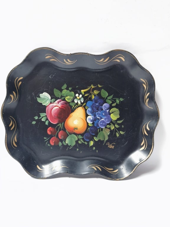 Vintage Signed Scalloped Black Metal Serving Tray (1 of 3)