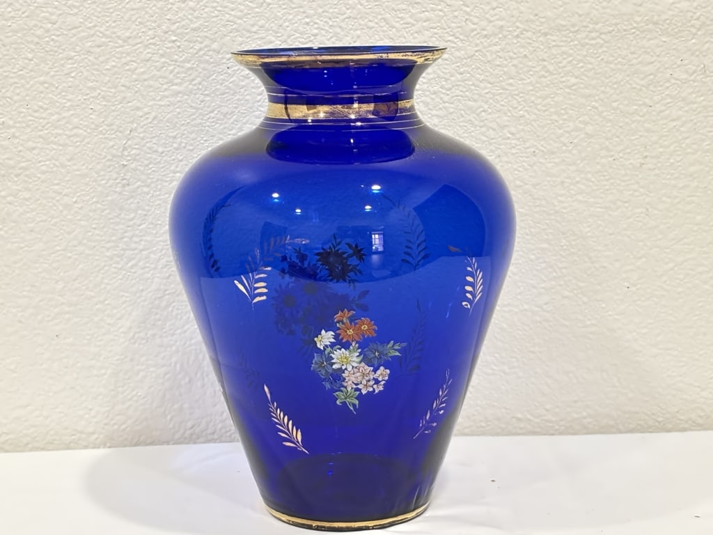 Large Vintage Bohemian Gilt Cobalt Blue Glass Vase (1 of 5)