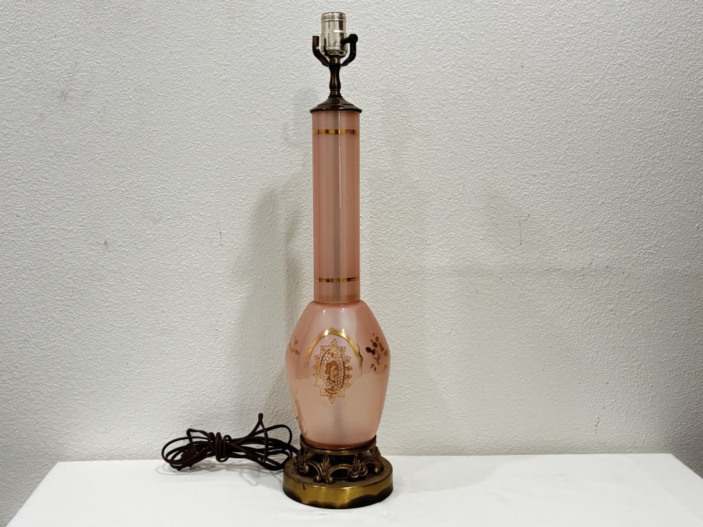Vintage Crochet Lace Accent Pink Glass Vase Lamp: Vintage Crochet Lace Accent Pink Glass Vase Lamp, 25in