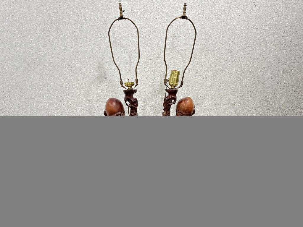 Pr. of Chinese Wood Carved Shoulao Figural Lamps: Pr. of Chinese Wood Carved Shoulao Figural Lamps, 29in