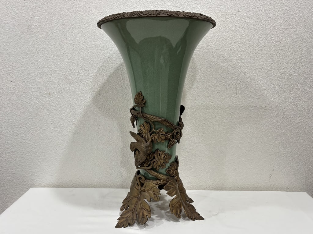 Vintage PR Castilian Porcelain Vase with Bronze Mo: Vintage PR Castilian Porcelain Vase with Bronze Mount, 21in