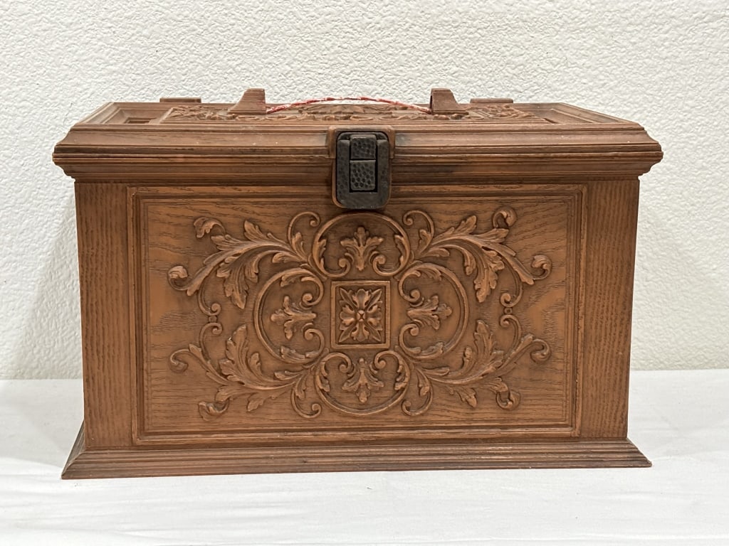 Heavily Embossed Wood-Grain Plastic Storage: Heavily Embossed Wood-Grain Plastic Storage, 15in by 10in by 8.5in