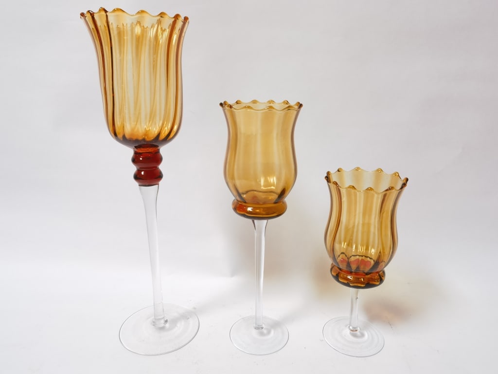 Set of Amber Glass Pedestal Candle Holders (1 of 3)