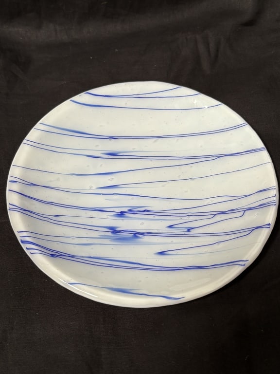 Vintage Blue Striped White Glass Plate: Vintage Blue Striped White Glass Plate, 7.75in