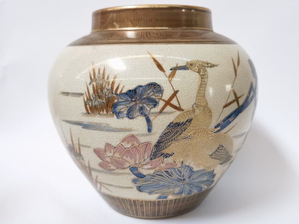 Japanese Satsuma-Style Crane Vase: Japanese Satsuma-Style Crane Vase, 9.5in by 9in
