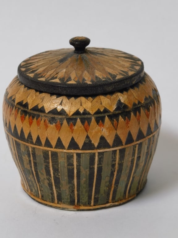 Vintage Moroccan Woven Straw Marquetry Lidded Jar (1 of 3)