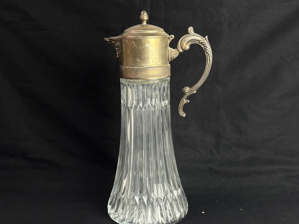 Vintage Glass Claret Jug with Gilt-Metal Fittings: Vintage Glass Claret Jug with Gilt-Metal Fittings, 14in by 7.5in