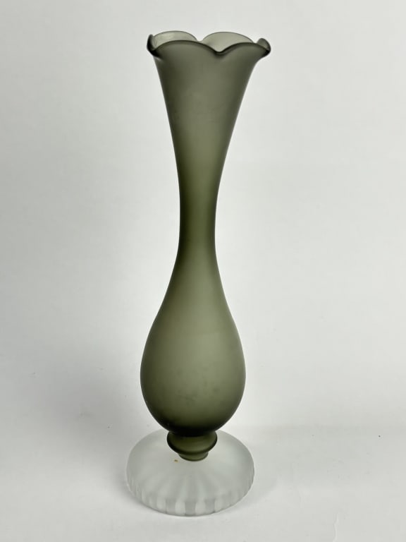 Vintage Frosted Olive Green Satin Glass Bud Vase (1 of 3)