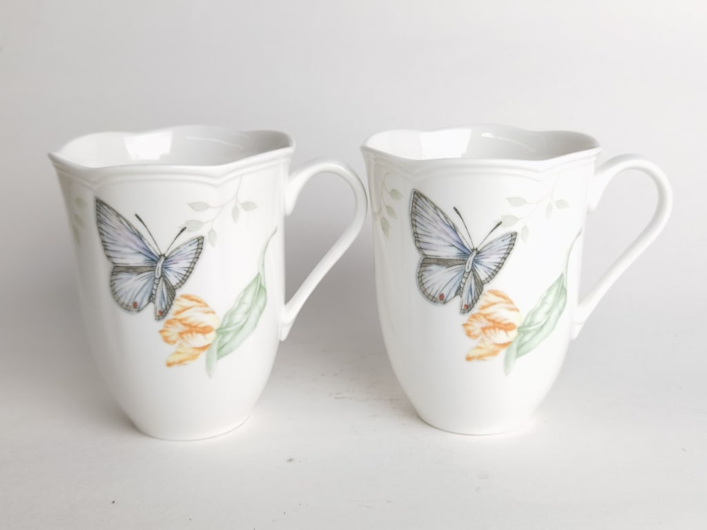 Pr. of Lenox Porcelain Butterfly Meadow Mugs: Pr. of Lenox Porcelain Butterfly Meadow Mugs, 4.25in by 3.25in