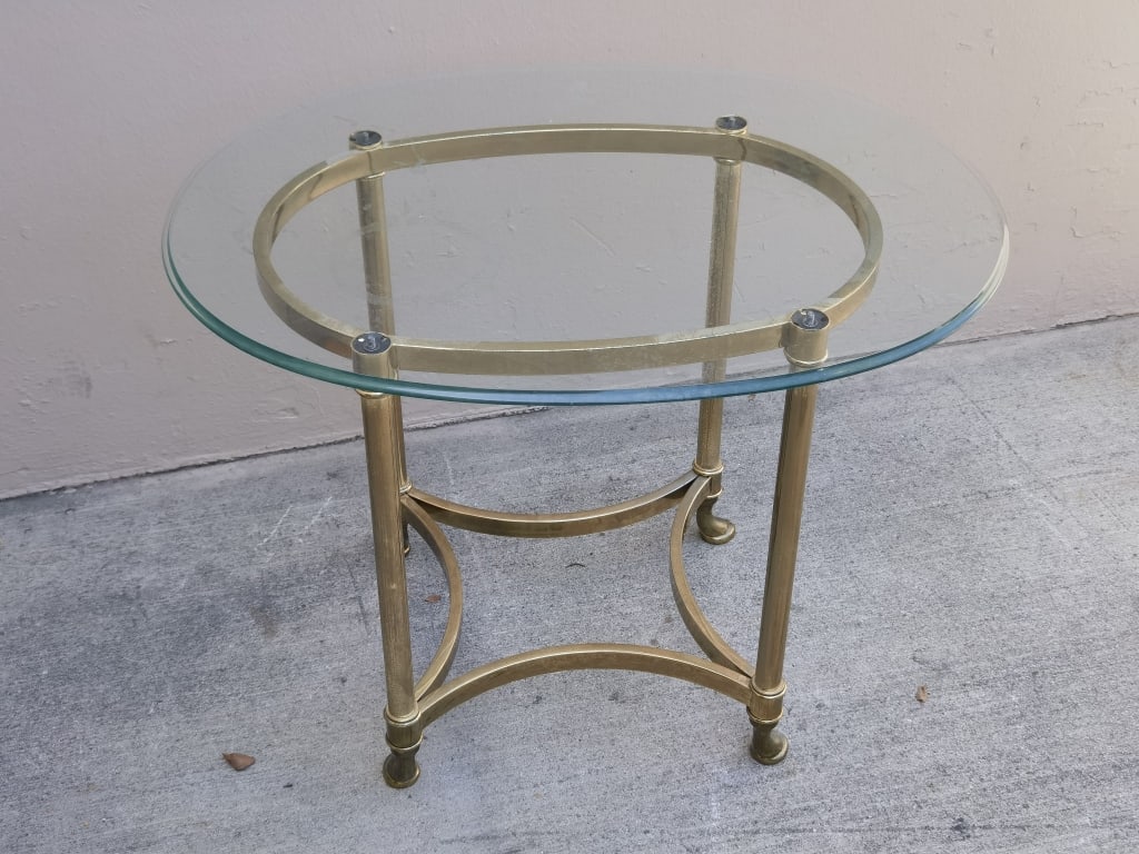 Vintage Hollywood Regency Style Brass/Glass Side T: Vintage Hollywood Regency Style Brass/Glass Side Table, 28.75in by 22 1/8in by 21 5/8in