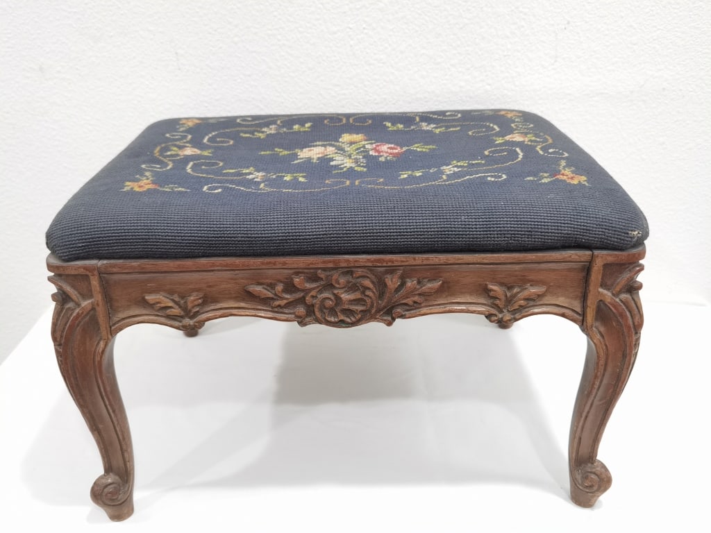 Antique French Carved Wood Stool with Needlepoint: Antique French Carved Wood Stool with Needlepoint, 18in by 14in by 11in
