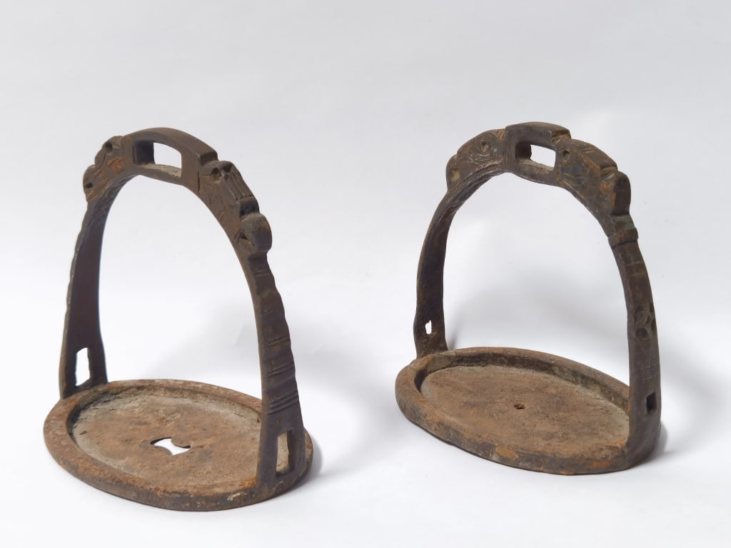 Pr. of Chinese Cast Iron Horse Stirrup: Pr. of Chinese Cast Iron Horse Stirrup, 6in by 5.5in