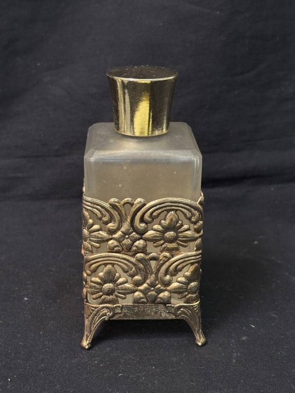 Vintage Frosted Glass Perfume Bottle in Brass Stan: Vintage Frosted Glass Perfume Bottle in Brass Stand, 5in
