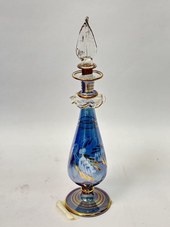 Vintage Egyptian Gilt Blue Art Glass Perfume Bottl: Vintage Egyptian Gilt Blue Art Glass Perfume Bottle, 7.75in