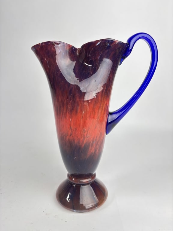 Vintage Cobalt Blue and Orange Art Glass Vase: Vintage Cobalt Blue and Orange Art Glass Vase, 8.75in by 6in