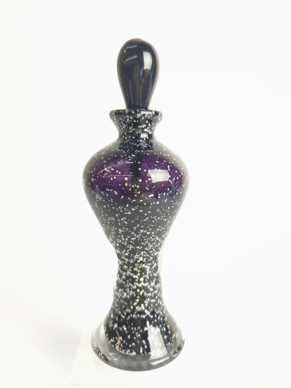 Vintage Murano Italy Silver Glitter Amethyst Glass: Vintage Murano Italy Silver Glitter Amethyst Glass Perfume Bottle, 7.25in