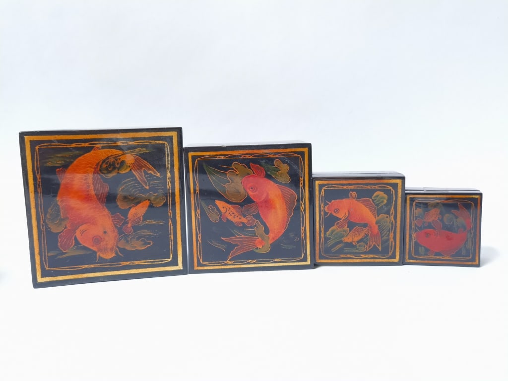 Set of Chinese Lacquer Koi Fish Nesting Jewelry Bo: Set of Chinese Lacquer Koi Fish Nesting Jewelry Boxes, 4 5/8in