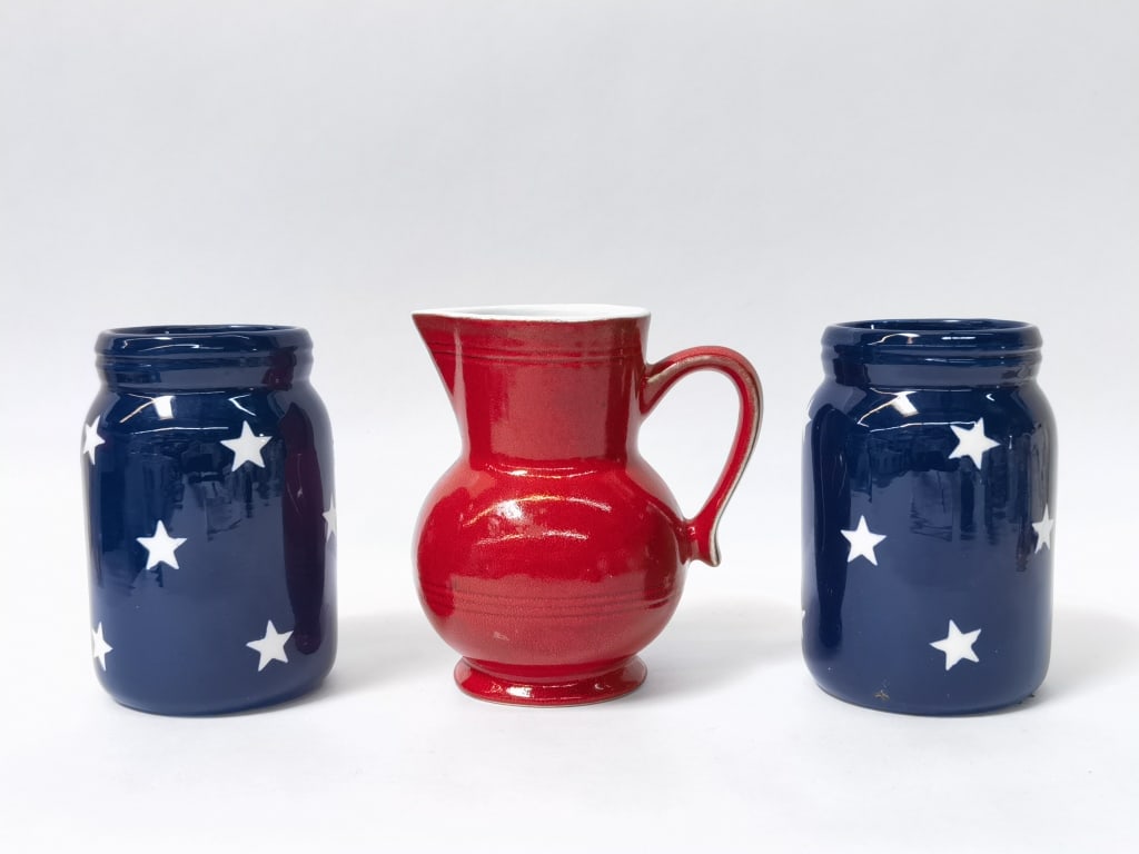 Americana Ceramic Pitcher and Jars: Americana Ceramic Pitcher and Jars, 5.25in