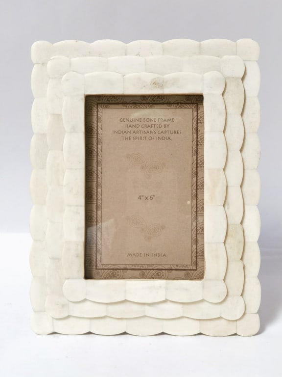 Scalloped Inlaid Bone Picture Frame: Scalloped Inlaid Bone Picture Frame, 9in by 6.75in