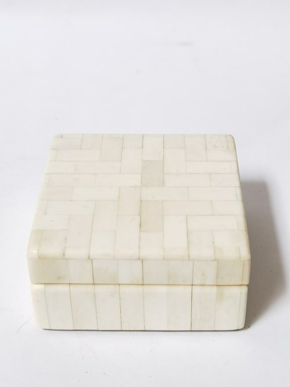Woven-Pattern Inlaid Bone Box: Woven-Pattern Inlaid Bone Box, 3in by 3in