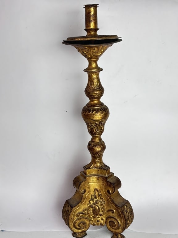 Vintage Continental Style Gilt Figural Candlestick: Vintage Continental Style Gilt Figural Candlestick, 23in