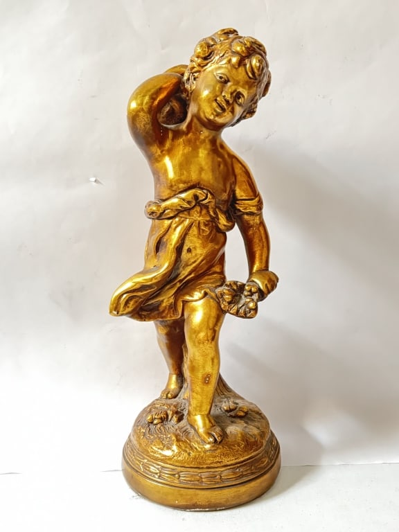Sculpturite Gilt Figure of a Boy with a Straw Hat: Sculpturite Gilt Figure of a Boy with a Straw Hat, 18in