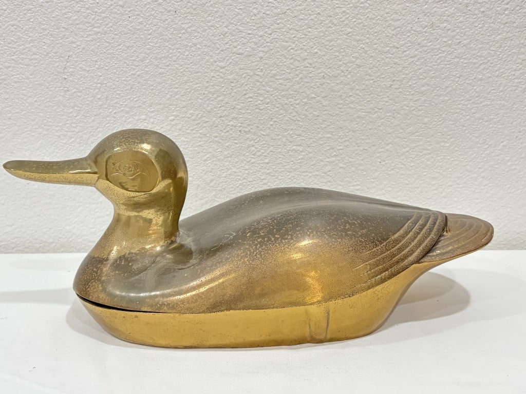 Vintage Brass Duck-Form Covered Box: Vintage Brass Duck-Form Covered Box, 17in by 7in