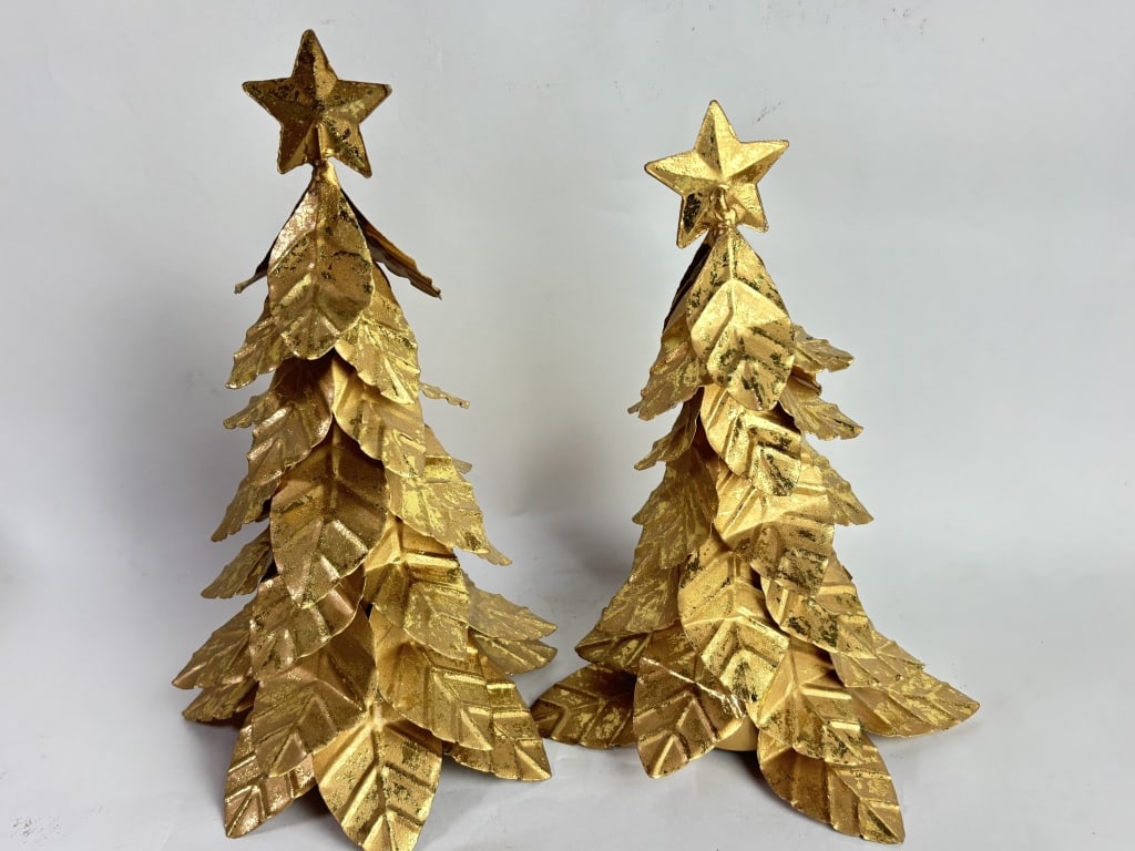 Pr. of Gilded Metal Foil Christmas Tree Figurines: Pr. of Gilded Metal Foil Christmas Tree Figurines, 11.75in by 6.75in