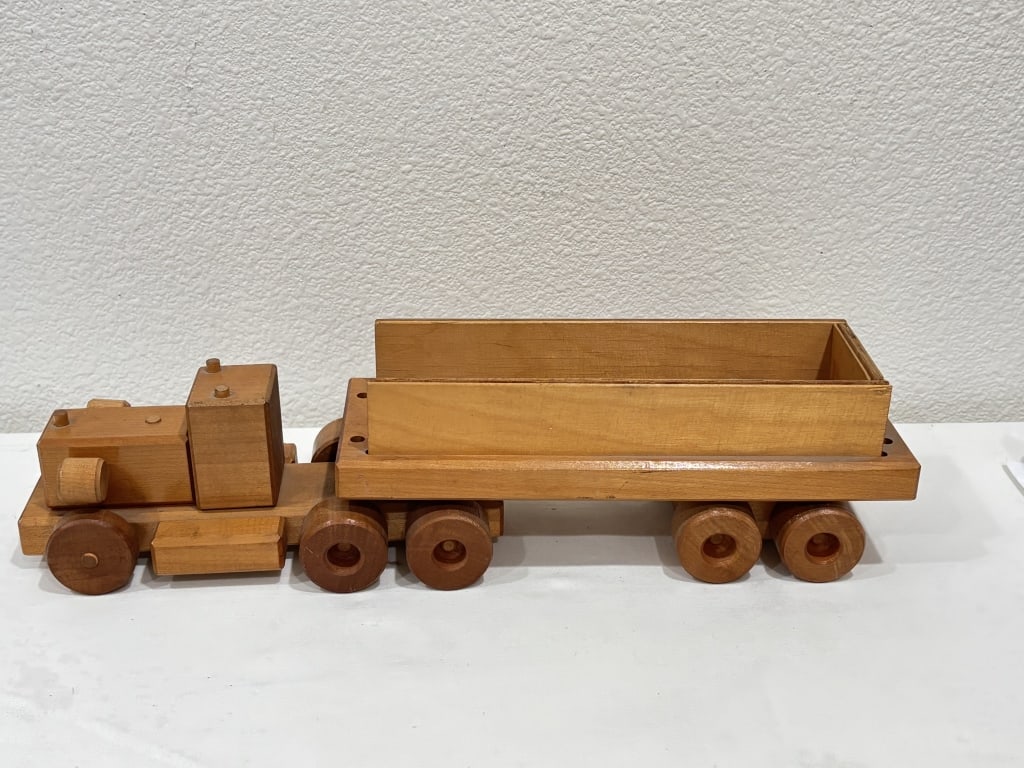 Vintage Handcrafted Wooden Flatbed Semi-Truck Toy: Vintage Handcrafted Wooden Flatbed Semi-Truck Toy, 17in by 4in by 4in
