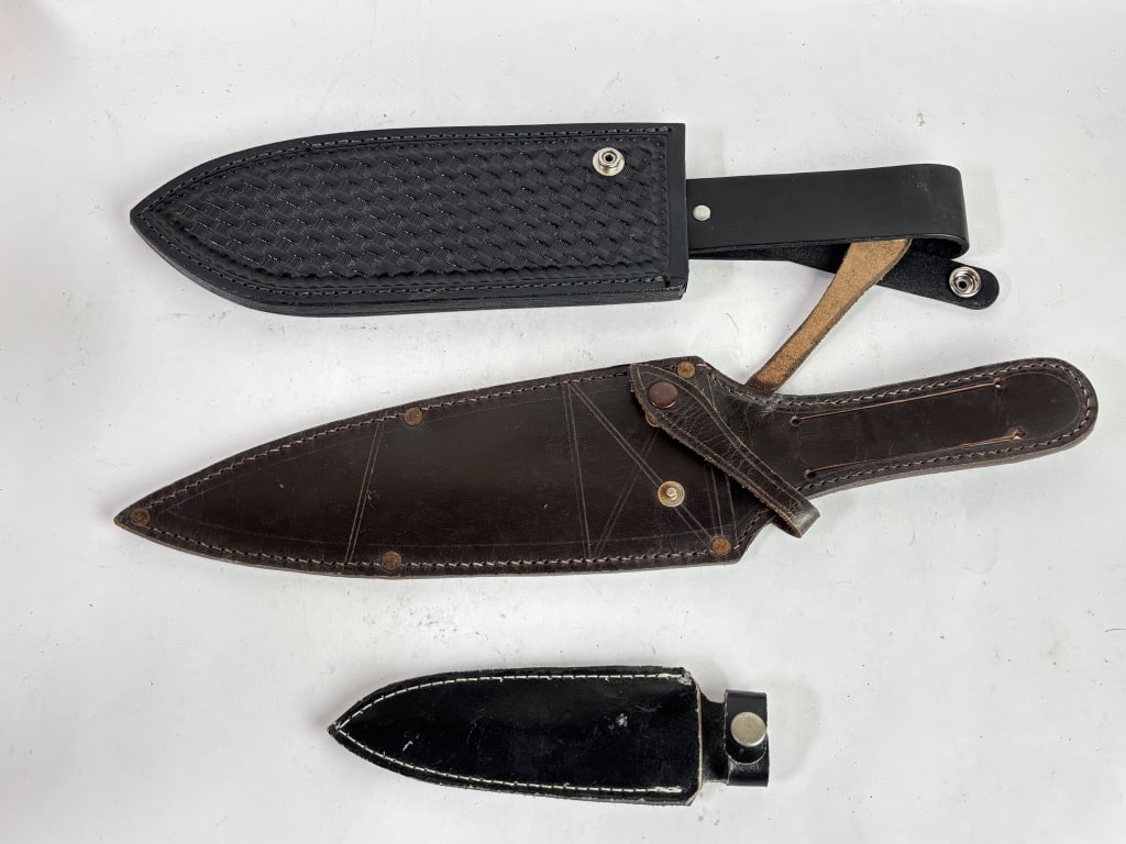 Trio of Leather Blade Sheaths: Trio of Leather Blade Sheaths, 15.5in