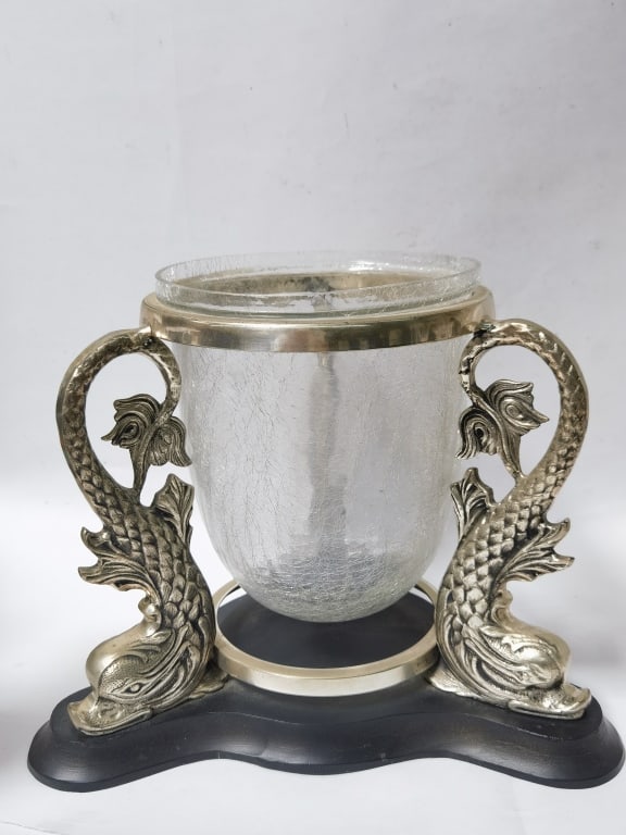 Vintage Koi Fish Silver Plated Crackle Glass Hurri: Vintage Koi Fish Silver Plated Crackle Glass Hurricane Lamp, 10.75in by 13in by 13in