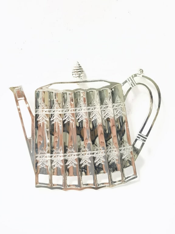 Vintage Godinger Silver-Plate Teapot-Style Trivet: Vintage Godinger Silver-Plate Teapot-Style Trivet, 8.5in by 7.5in by 0.75in