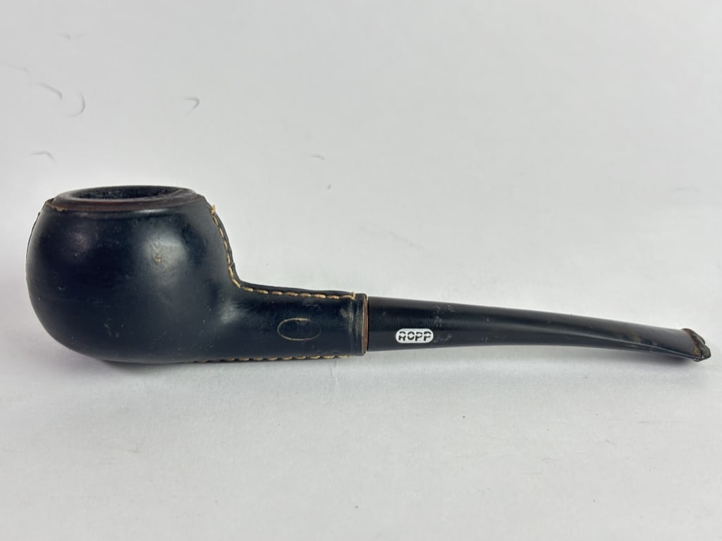 Vintage Ropp Leather-Jacketed Briar Pipe: Vintage Ropp Leather-Jacketed Briar Pipe, 6in by 1.5in