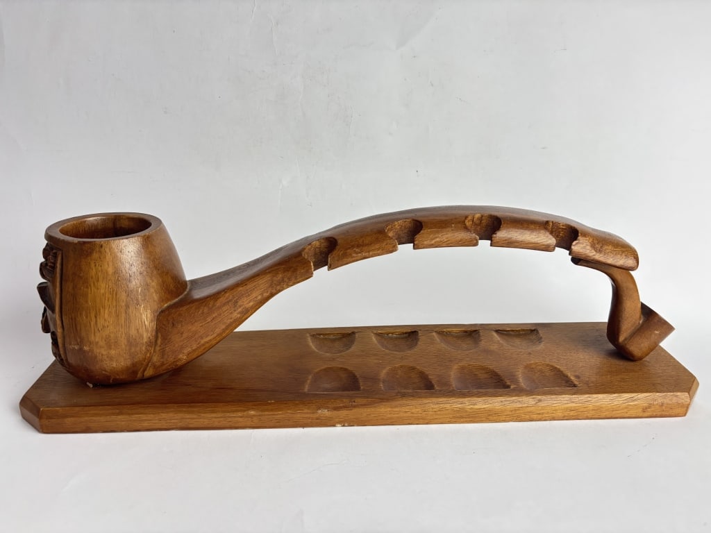 Vintage Hand-Carved Mahogany Pipe Stand: Vintage Hand-Carved Mahogany Pipe Stand, 17in by 5.5in by 4in
