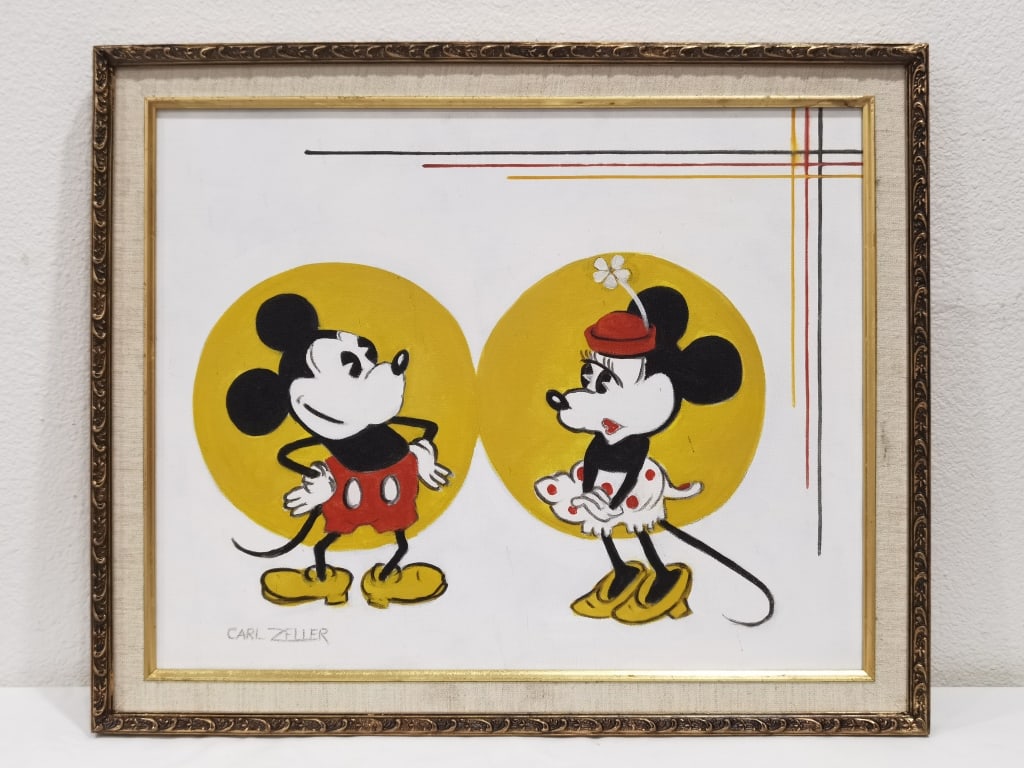 Signed Carl Zeller Mickey and Minnie Oil Painting: Signed Carl Zeller Mickey and Minnie Oil Painting on Canvas, 23in by 19in