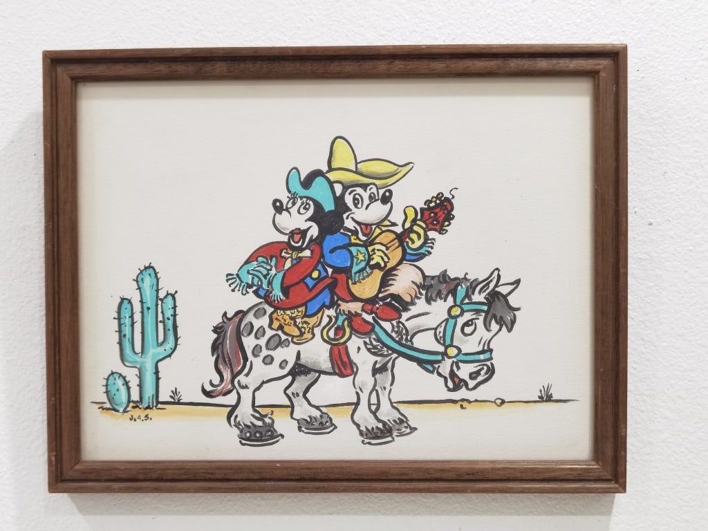 Signed J.A.S. Mickey Mouse and Minnie Watercolor P: Signed J.A.S. Mickey Mouse and Minnie Watercolor Painting, 17.5in by 13.5in