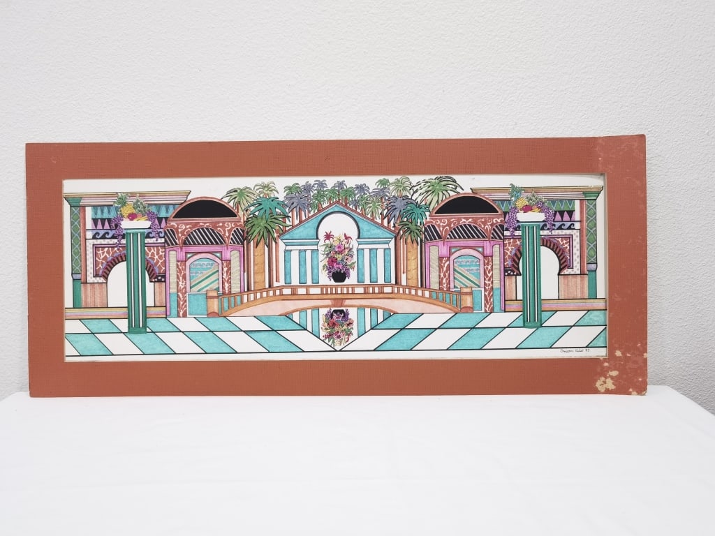 1985 Signed Susan Kelso Watercolor Courtyard Paint: 1985 Signed Susan Kelso Watercolor Courtyard Painting, 33in by 14in