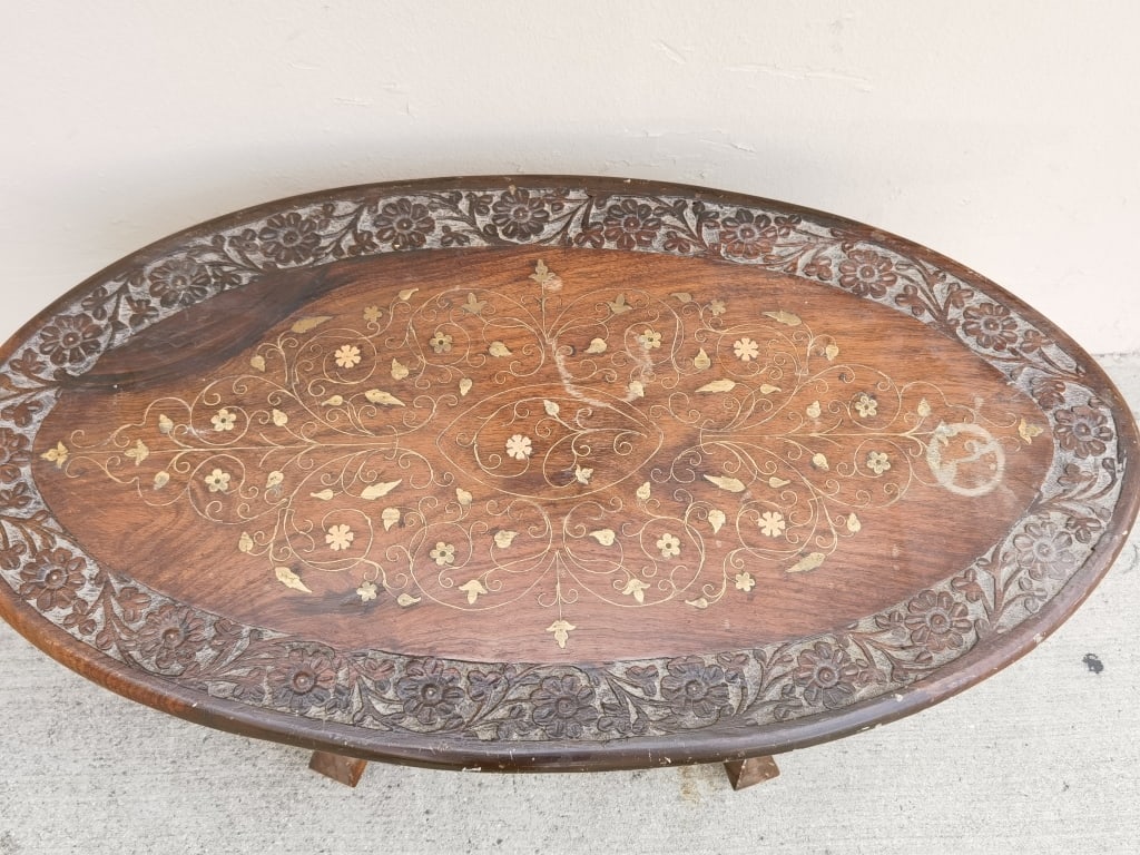 Vintage Moroccan Brass Inlay Oval Coffee Table - 2