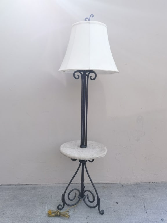 Metal Frame Floor Lamp with Stone Table Top: Metal Frame Floor Lamp with Stone Table Top, 61in by 15in