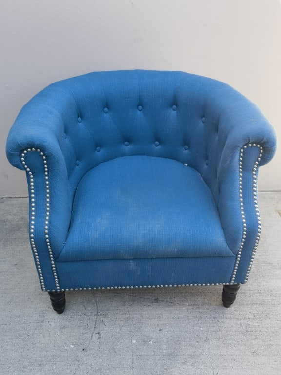 Handy Living Upholstered Barrel Chair: Handy Living Upholstered Barrel Chair, 29 3/8in by 32.25in by 26in