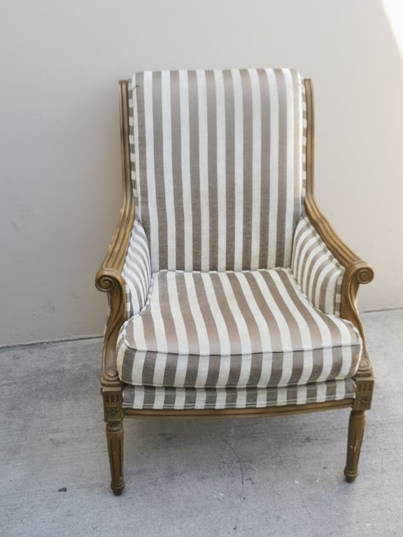 Roth & Brader Beige Striped Accent Chair: Roth & Brader Beige Striped Accent Chair, 42 1/8in by 27 7/8in by 30in