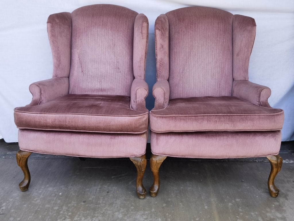 Pr. of Vintage Rose Pink Corduroy Wingback Armchai: Pr. of Vintage Rose Pink Corduroy Wingback Armchairs, 42in by 31in by 31in