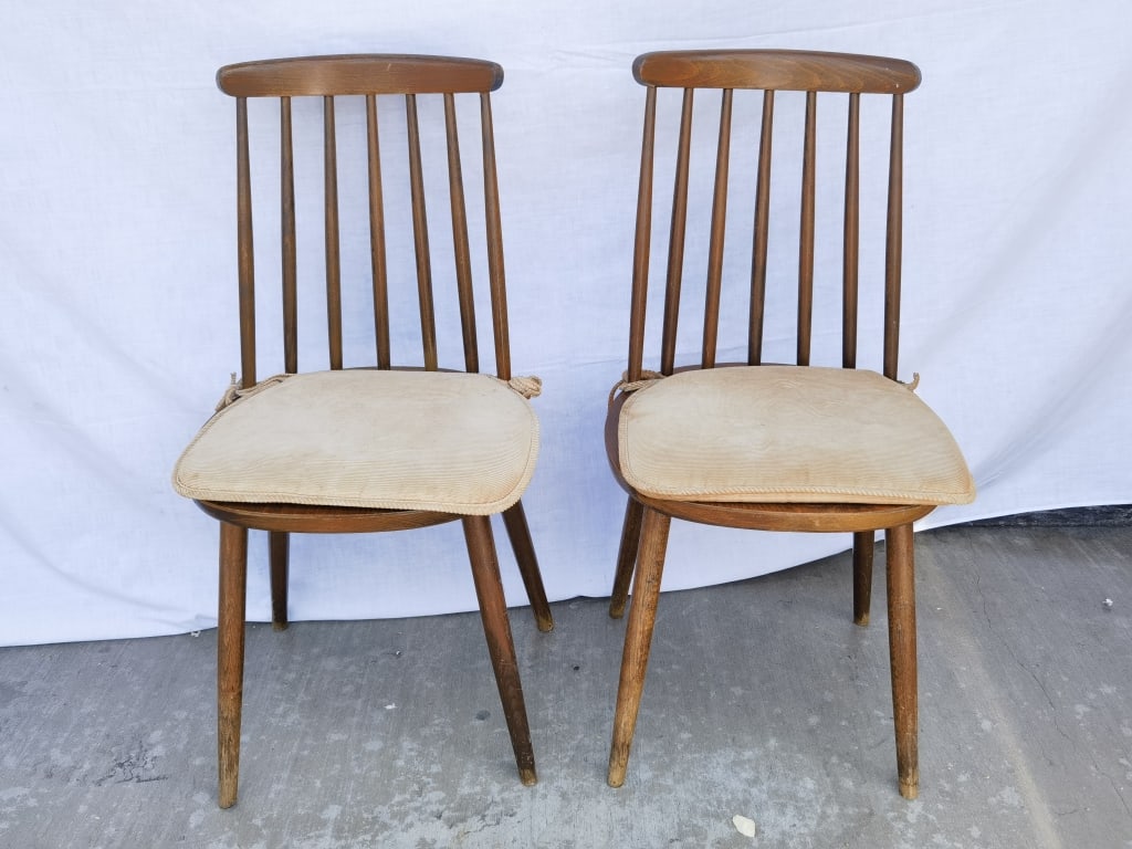 Pr. of Mid-Century Modern Spindle-Back Dining Chai: Pr. of Mid-Century Modern Spindle-Back Dining Chairs, 33in by 16in by 17in