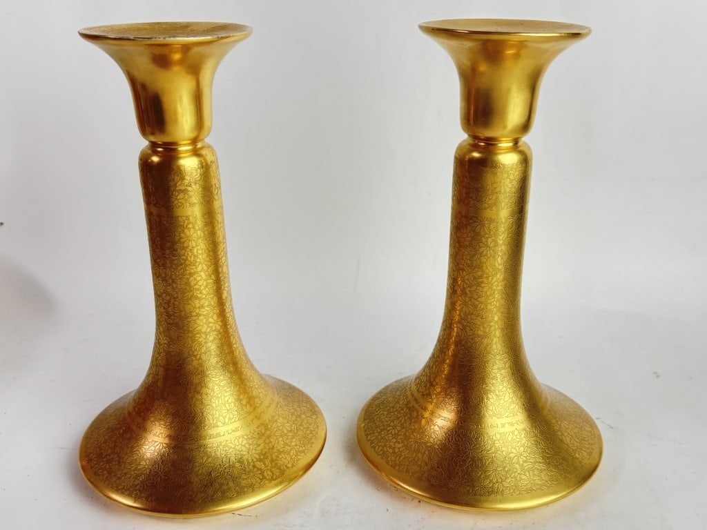 Pair of Osborns Etched Gold-Tone Candlesticks (1 of 8)